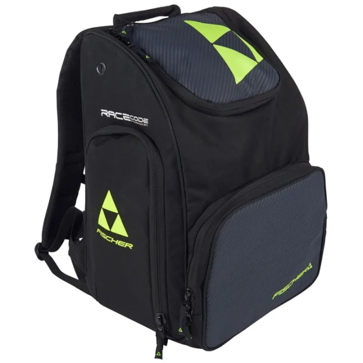 Plecak narciarski Fischer Soft Backpack Race 55L w kolorze czarnym z żółtym logo Fischer i szarymi panelami. Widok trzy czarte.