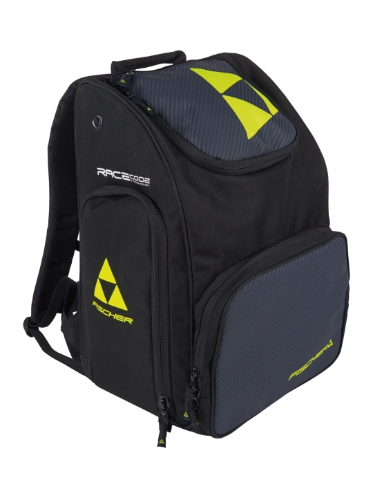 Duży plecak narciarski Fischer Soft Backpack Race 70L w kolorze czarnym z neonowymi, żółtymi akcentami marki Fischer.