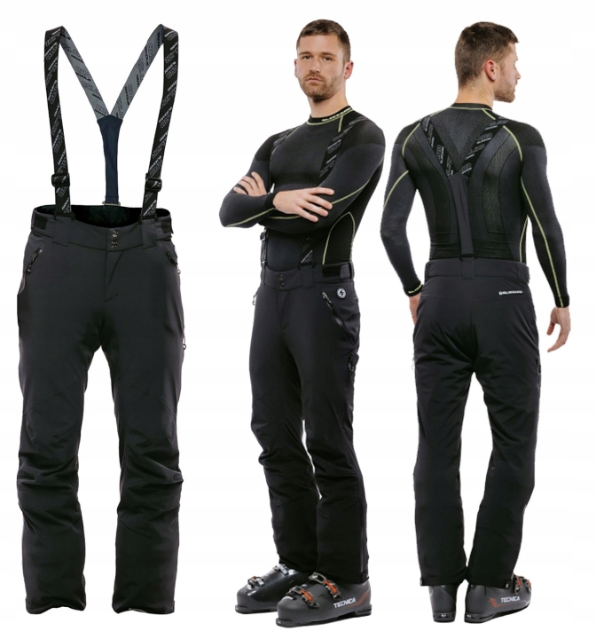 Zestawienie ujęć męskich spodni narciarskich Blizzard Lofer Black prezentujące krój, tył oraz detale produktu.