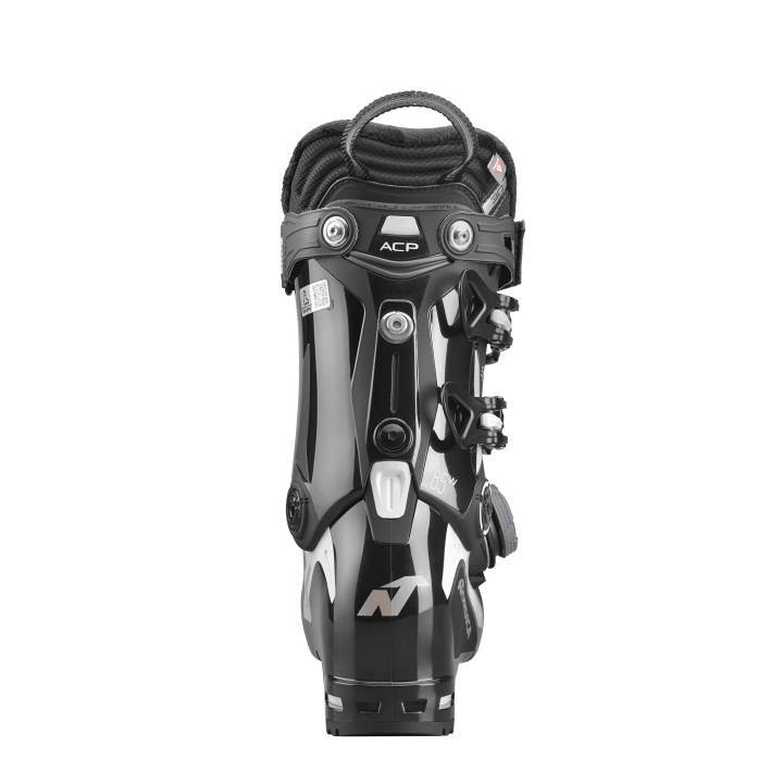 Tylny profil butów Nordica Speedmachine 3 BOA 85W GW z widocznymi śrubami do regulacji sztywności i pochylenia cholewki.