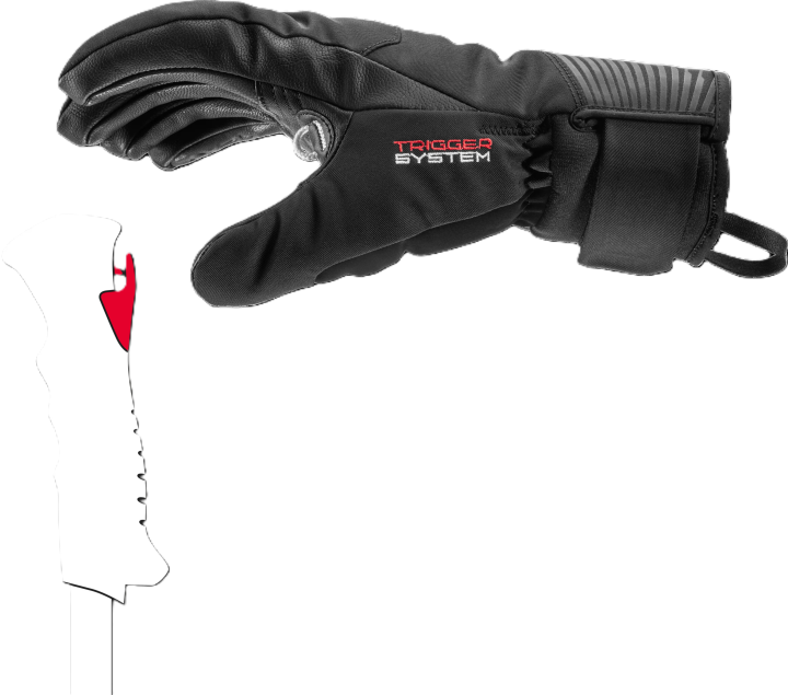 Prezentacja systemu Trigger 3D w rękawicach LEKI Sparrow 3D – bezpieczne i szybkie połączenie rękawicy z kijkiem narciarskim zwiększające kontrolę.