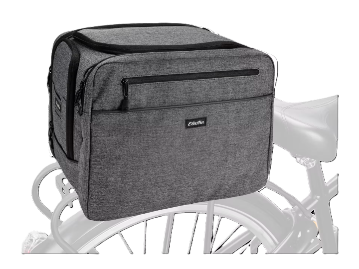 Elegancka sakwa rowerowa Electra Heather Charcoal o pojemności 10 litrów zamontowana stabilnie na tylnym bagażniku roweru miejskiego.