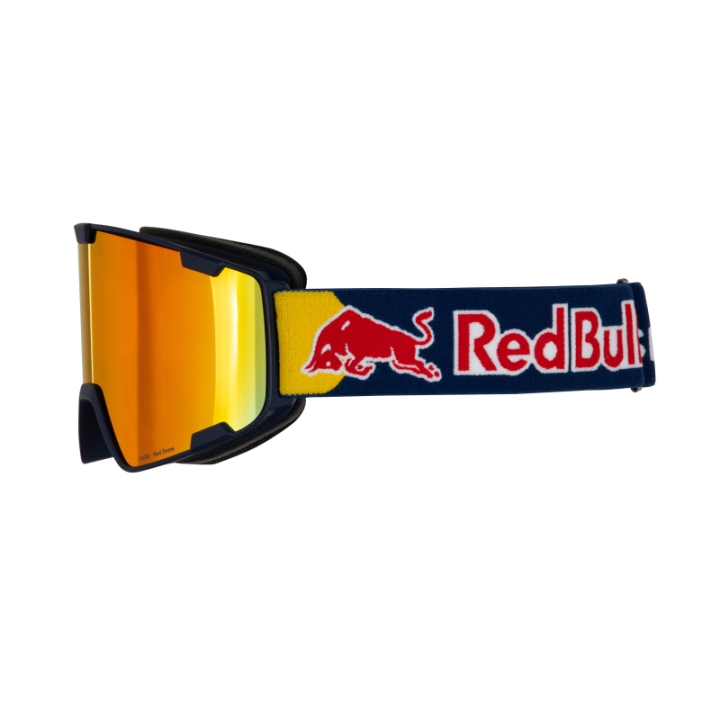 Gogle narciarskie Red Bull Spect Park-19RE2 w kolorze Dark Blue z szerokim paskiem i logo Red Bull Spect, widok z lewego boku.