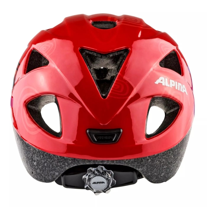 Bezpieczny kask do fotelika rowerowego Alpina Ximo Firefighter z płaskim tyłem i pokrętłem regulacji Run System Classic Slide.