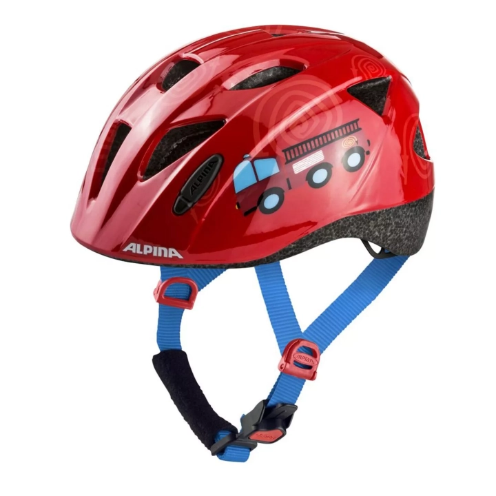 Czerwony kask rowerowy dla dzieci Alpina Ximo Firefighter z grafiką wozu strażackiego dostępny w sklepie 42sports.