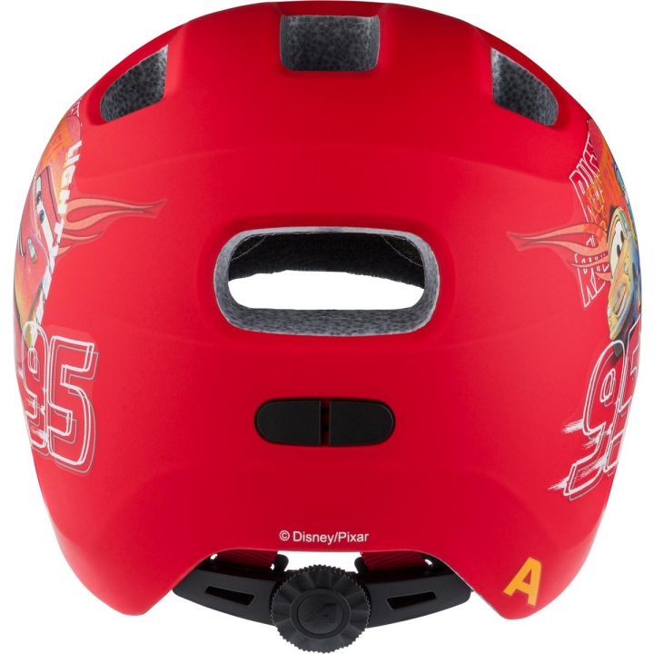 Płaski tył kasku Alpina Ximo 2 Cars zapewniający wygodę dziecku w foteliku rowerowym oraz precyzyjny system regulacji.