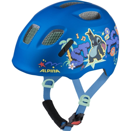 Niebieski kask rowerowy dla dziecka Alpina Ximo 2 Disney Stitch z systemem regulacji 360 stopni.