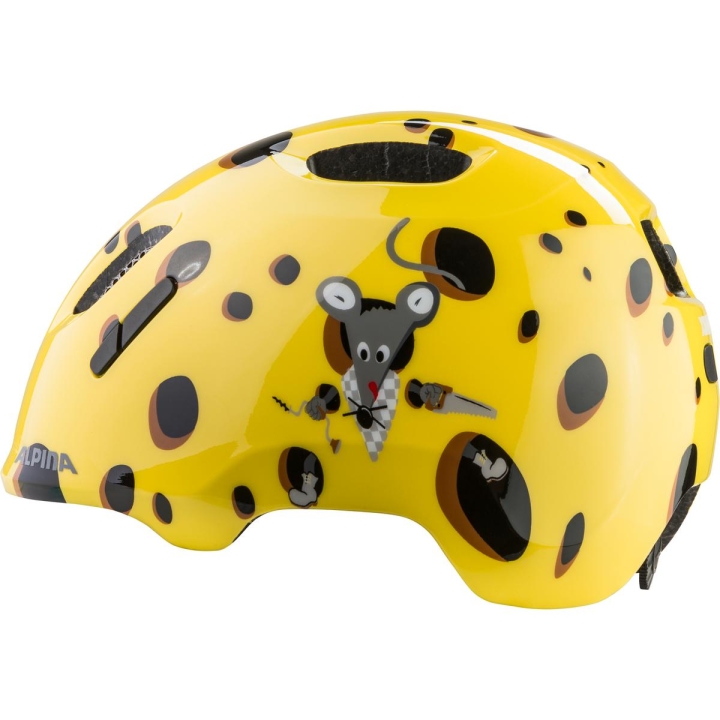 Lekki kask dla dziecka Alpina Ximo 2 w kształcie sera z uśmiechniętą myszką wykonany w technologii Inmold.