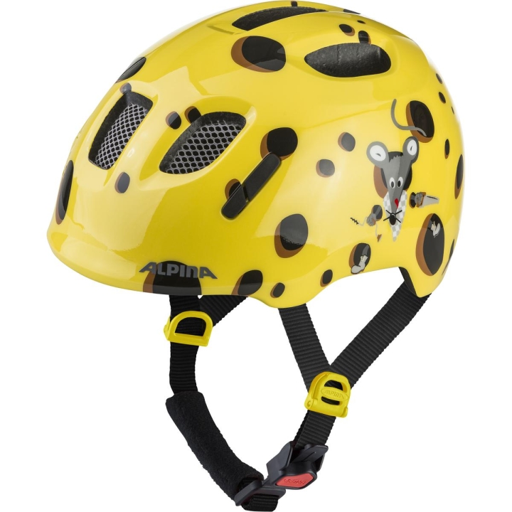 Żółty kask dziecięcy Alpina Ximo 2 Yellow Gouda z motywem sera i myszki dostępny w 42sports.