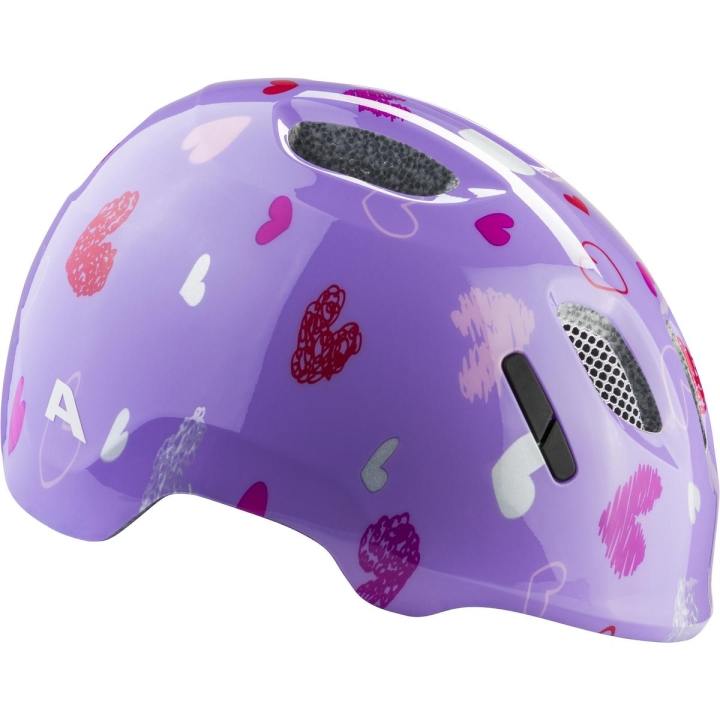 Bezpieczny kask rowerowy Alpina Ximo 2 Purple Hearts Gloss z motywem serduszek dla najmłodszych.