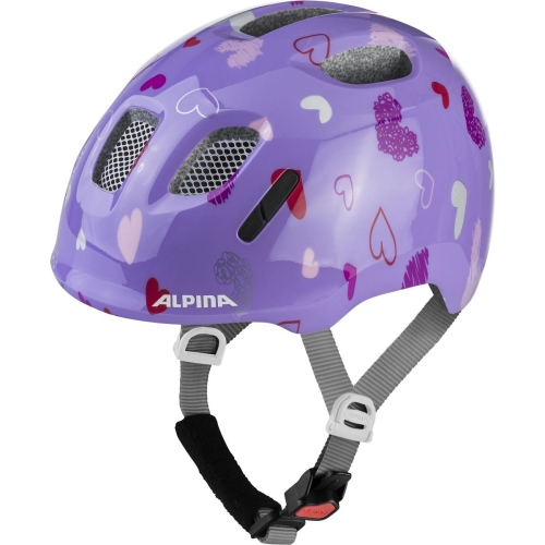 Fioletowy kask dziecięcy Alpina Ximo 2 Purple Hearts w kolorowe serduszka z systemem regulacji.