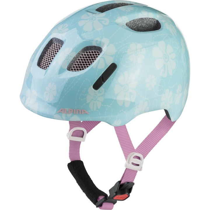 Morski kask dziecięcy Alpina Ximo 2 Aqua Rose Flower w kwiatki z jasnoróżowymi paskami.