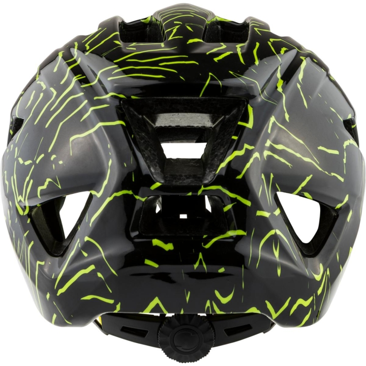 Tył kasku Alpina Pico Black Neon Yellow z precyzyjnym systemem regulacji Run System Ergo Flex+ i otworami wentylacyjnymi.