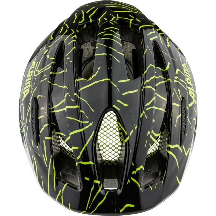 System wentylacji Airflow w kasku Alpina Pico – 15 kanałów chłodzących na czarno-żółtej błyszczącej skorupie z siatką przeciw owadom.