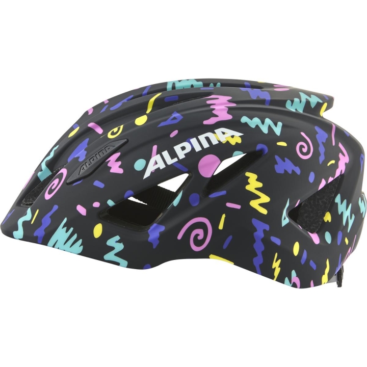 Profil kasku Alpina Pico Black-Confetti prezentujący lekki korpus Inmold i radosny wzór konfetti na boku skorupy.