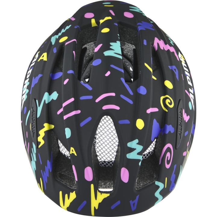 Widok z góry na kask Alpina Pico Black-Confetti z 15 otworami wentylacyjnymi na czarnej błyszczącej skorupie.