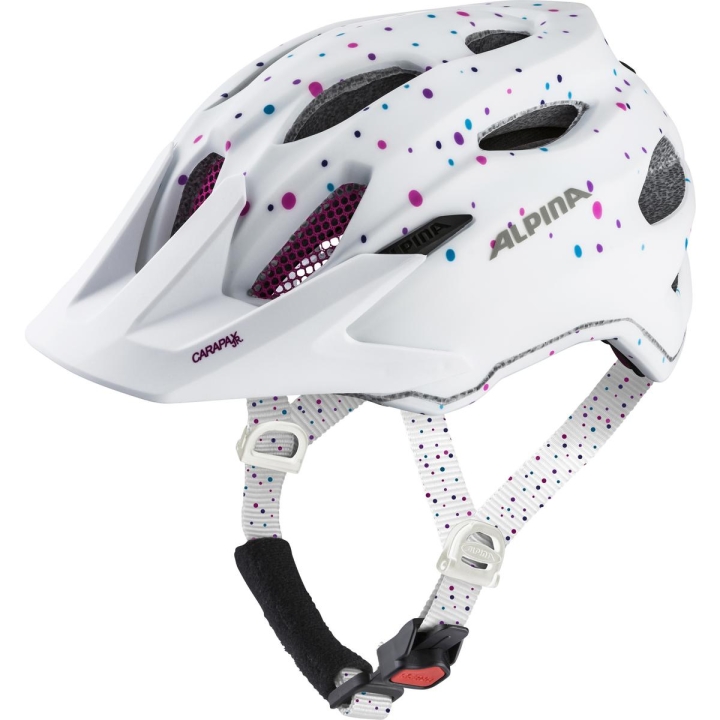 Biały matowy kask MTB Alpina Carapax JR White Polka Dots z daszkiem i siatką przeciw owadom.