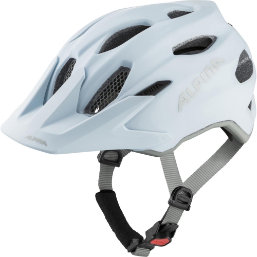 Szaroniebieski matowy kask MTB Alpina Carapax JR Dove Blue-Grey z daszkiem i dużymi otworami wentylacyjnymi.