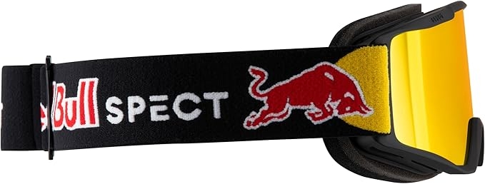 Detal paska gogli Red Bull SPECT NEON-02RE2 wykonanego z wytrzymałego materiału z białym napisem SPECT Eyewear i logo Red Bull.