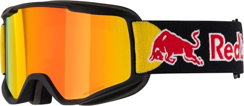 Kompaktowe gogle narciarskie Red Bull SPECT NEON-02RE2 z lustrzaną szybą Red Mirror i czarnym paskiem z logo marki.