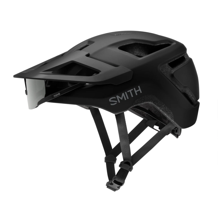 Kask rowerowy Smith Pilot MIPS Black Mat profil boczny z okularami (sprzedawanymi osobno).