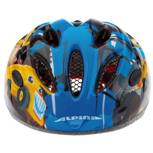 Lekki kask rowerowy dla malucha Alpina Gamma 2.0 widziany z góry, prezentujący gęstą sieć otworów wentylacyjnych i pełną grafikę placu budowy.