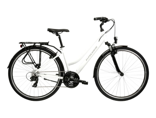 Biały damski rower trekkingowy KROSS Trans 1.0 – widok ogólny ramy z kompletnym wyposażeniem miejskim i turystycznym.