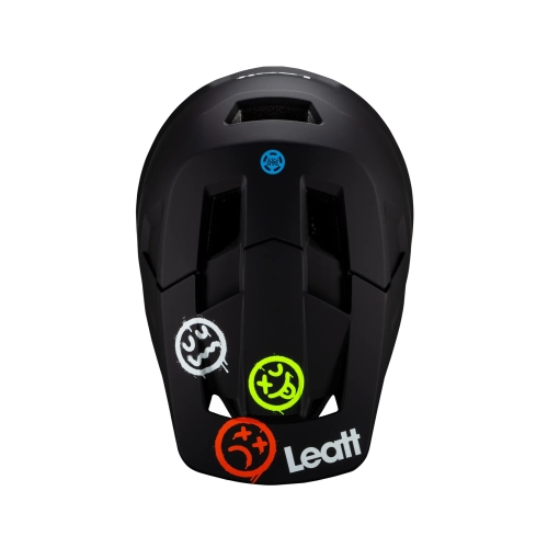 Górny widok kasku Leatt Gravity 1.0 Junior Black. Wentylacja i daszek kasku MTB fullface.