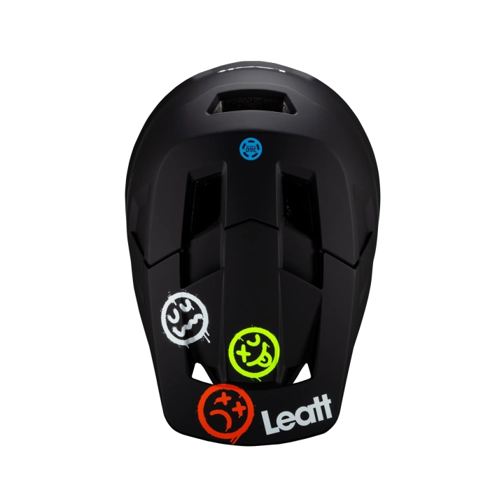 Górny widok kasku Leatt Gravity 1.0 Junior Black. Wentylacja i daszek kasku MTB fullface.