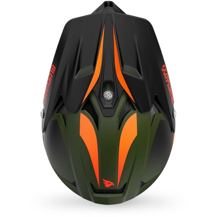 Kask szczękowy Bluegrass Intox Green Gradient – widok z góry na daszek i otwory wentylacyjne.