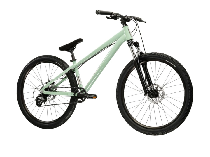 Rower dirt KROSS Spade 1.0 zielono-srebrny koła 26 cali widok z boku