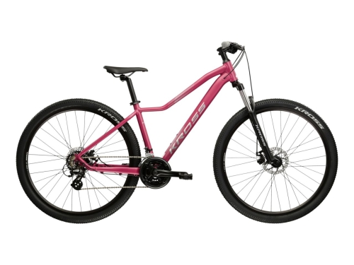 Damski rower MTB KROSS Lea 2.0 różowo-srebrny mat widok z boku