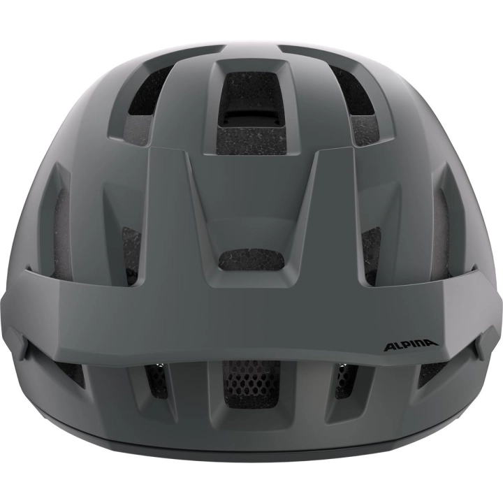 Kask MTB Alpina Taunus Midnight-Grey Black Matt ujęty od przodu z widoczną siatką przeciw owadom w otworach wentylacyjnych i solidną konstrukcją Ceramic Shell.