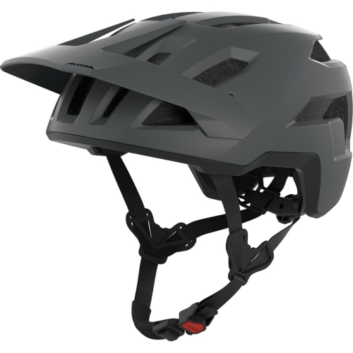 Kask rowerowy MTB Alpina Taunus Midnight-Grey Black Matt w kolorze ciemnoszarym matowym z widocznym zapięciem Ergomatic oraz ergonomicznym profilem z boku.