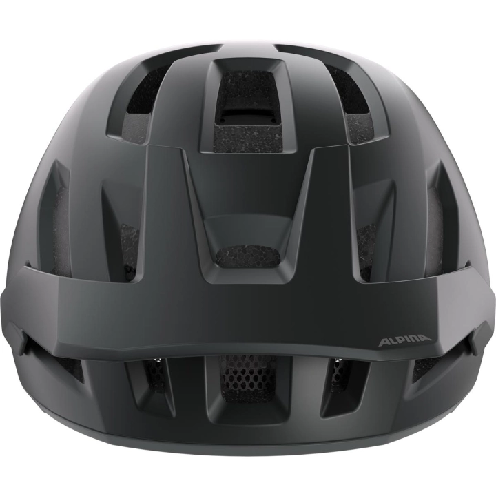 Kask MTB Alpina Taunus Black-Grey Matt ujęty z góry z widocznymi wlotami powietrza i odporną powłoką poliwęglanową Ceramic Shell.