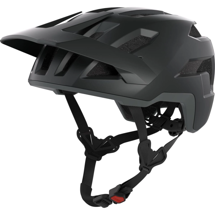 Kask rowerowy MTB Alpina Taunus Black-Grey Matt w kolorze czarno-szarym matowym z paskami wyposażonymi w zapięcie Ergomatic.