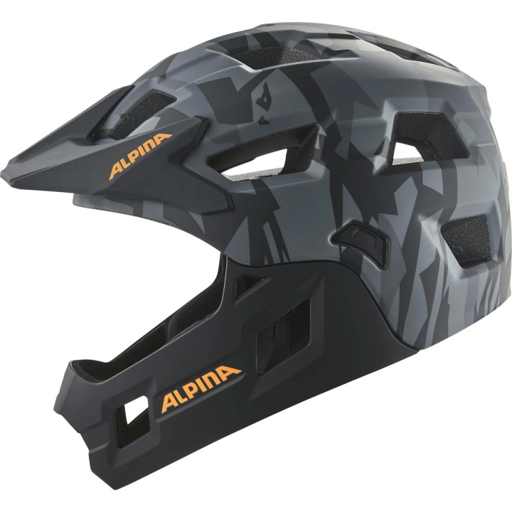 Juniorski kask rowerowy full face ALPINA RUPI Black-Camo Orange Matt 50-55 cm z odpinaną szczęką – idealny kask MTB i dirt dla dzieci w sklepie 42sports.