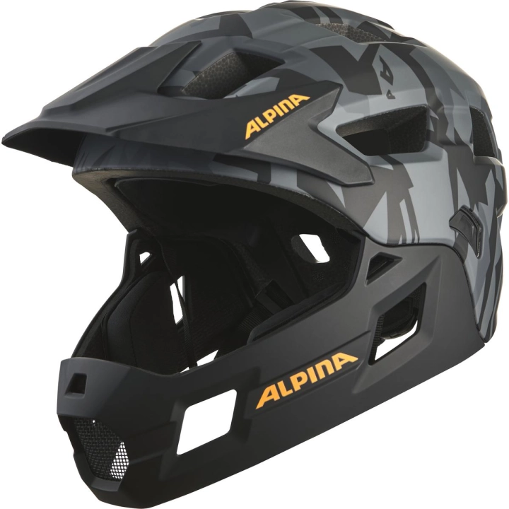 Kask rowerowy MTB junior ALPINA RUPI czarno-pomarańczowy mat z systemem regulacji Run System i bezpiecznym zapięciem paska Ergomatic.