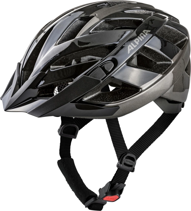 Czarny błyszczący kask rowerowy Alpina Panoma 3.0 Black-Anthracite Gloss widok z boku, lekki kask miejski i turystyczny Shoper 42sports