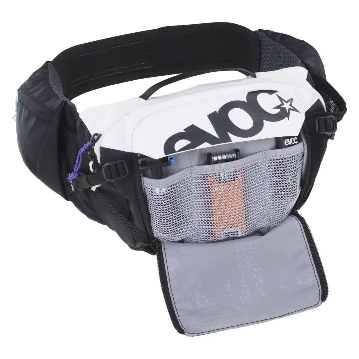 Wielokolorowa nerka Evoc Hip Pack Pro z otwartą kieszenią na narzędzia rowerowe.