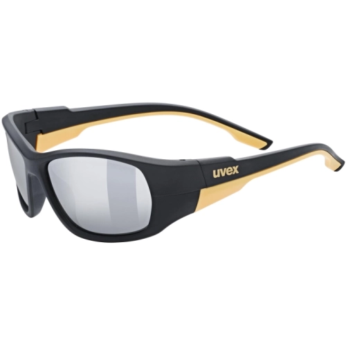 Dziecięce okulary przeciwsłoneczne UVEX Sportstyle 514 Black Matt z lustrzaną powłoką Mirror Silver – ujęcie z ukosa.