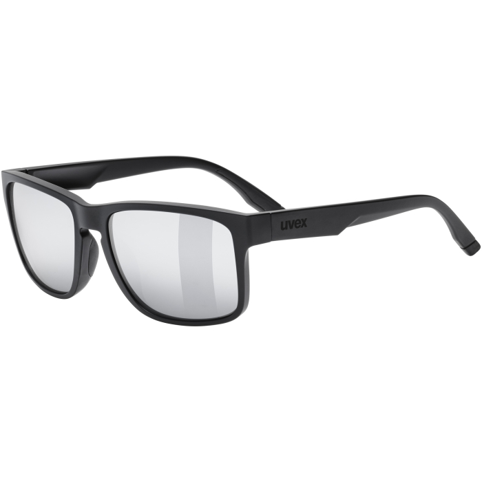 Okulary przeciwsłoneczne UVEX Poise Black Matt z lustrzanymi soczewkami Mirror Silver – ujęcie z ukosa