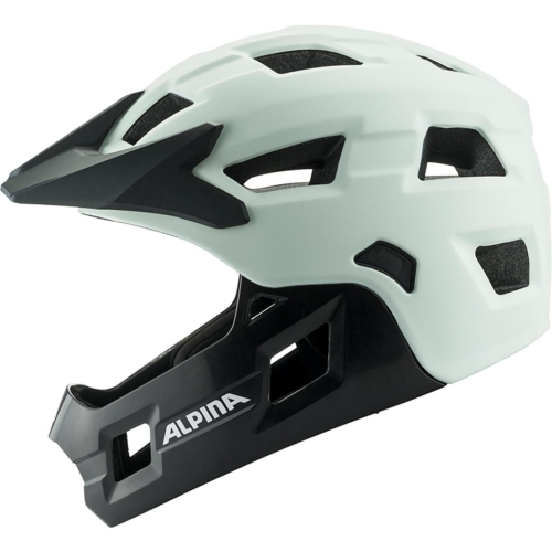 Juniorski kask rowerowy full face ALPINA RUPI Off-White Matt widoczny z boku, prezentujący opływowy profil, regulowany daszek oraz zintegrowaną osłonę szczęki przeznaczoną do jazdy MTB i na pumptracku.