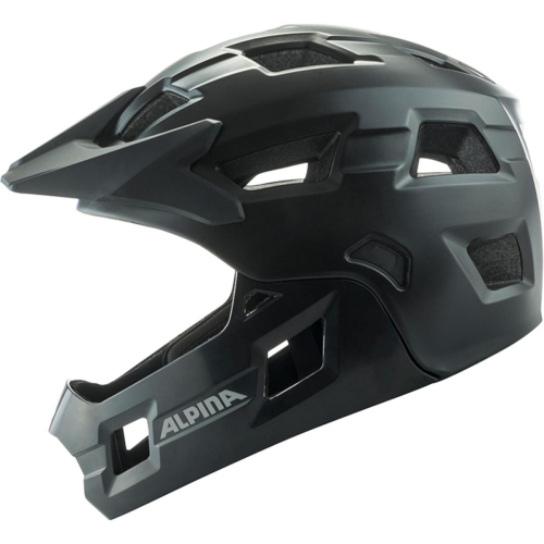 Czarny matowy juniorski kask rowerowy full face ALPINA RUPI Black Matt widoczny z boku, charakteryzujący się opływowym kształtem, zintegrowaną odpinaną szczęką i ochronnym daszkiem MTB.
