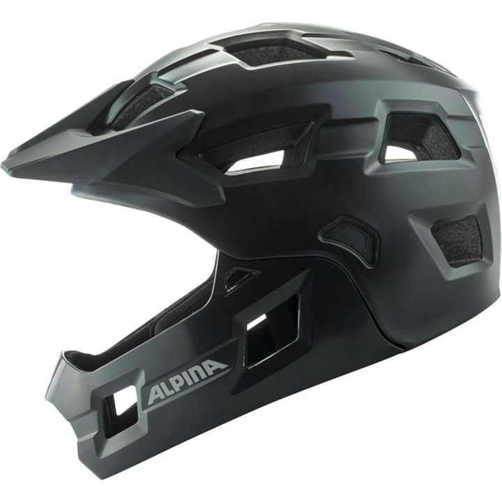 Czarny matowy juniorski kask rowerowy full face ALPINA RUPI Black Matt widoczny z boku, charakteryzujący się opływowym kształtem, zintegrowaną odpinaną szczęką i ochronnym daszkiem MTB.