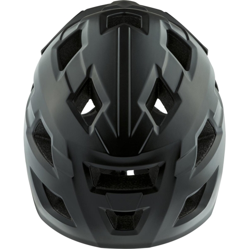 Ujęcie z góry na czarny matowy kask dziecięcy ALPINA RUPI Black Matt, pokazujące rozmieszczenie 15 otworów wentylacyjnych zapewniających efektywny drenaż ciepła i cyrkulację powietrza.
