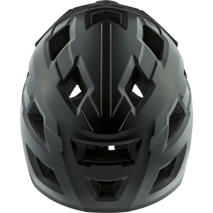 Ujęcie z góry na czarny matowy kask dziecięcy ALPINA RUPI Black Matt, pokazujące rozmieszczenie 15 otworów wentylacyjnych zapewniających efektywny drenaż ciepła i cyrkulację powietrza.