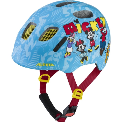 Niebieski kask rowerowy dla dzieci Alpina Ximo 2 Disney Mickey & Friends – widok z przodu i z boku.