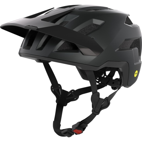 Czarny matowy kask rowerowy MTB Alpina Taunus MIPS widoczny z perspektywy trzech czwartych, pokazujący wyprofilowany daszek oraz otwory wentylacyjne.
