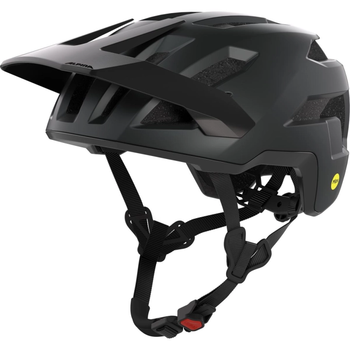 Czarny matowy kask rowerowy MTB Alpina Taunus MIPS widoczny z perspektywy trzech czwartych, pokazujący wyprofilowany daszek oraz otwory wentylacyjne.